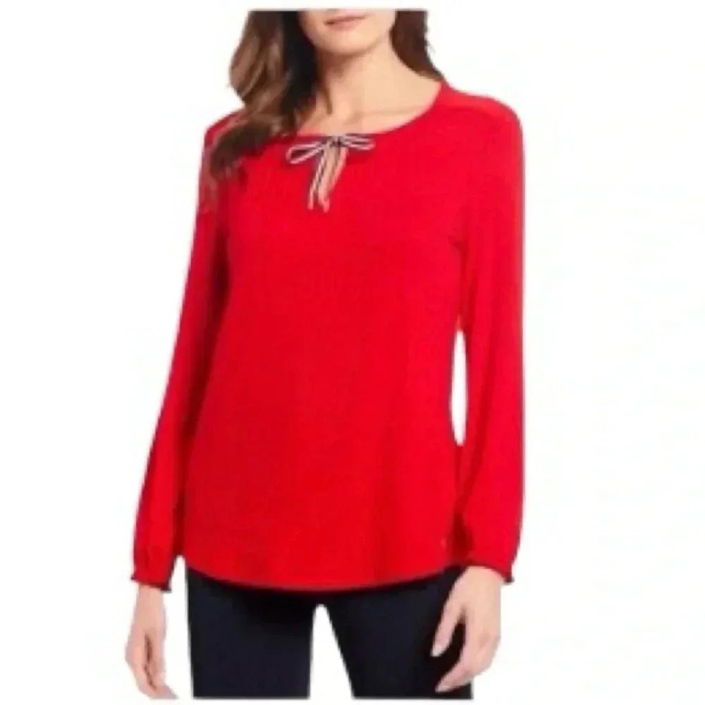 TOMMY HILFIGER | Red Knit Jersey Tie Neckline Pintuck 100%!Cotton Blouse Size L
